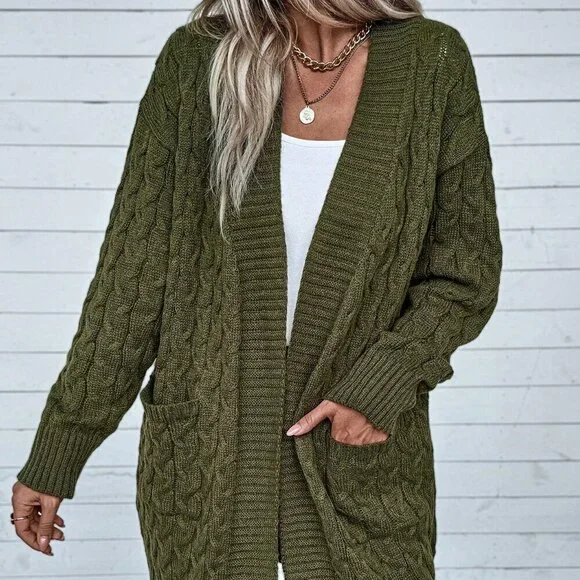 Army Green Casual Women's Solid Color Cable Knit V-Neck Cardigan - Picture 4 of 6